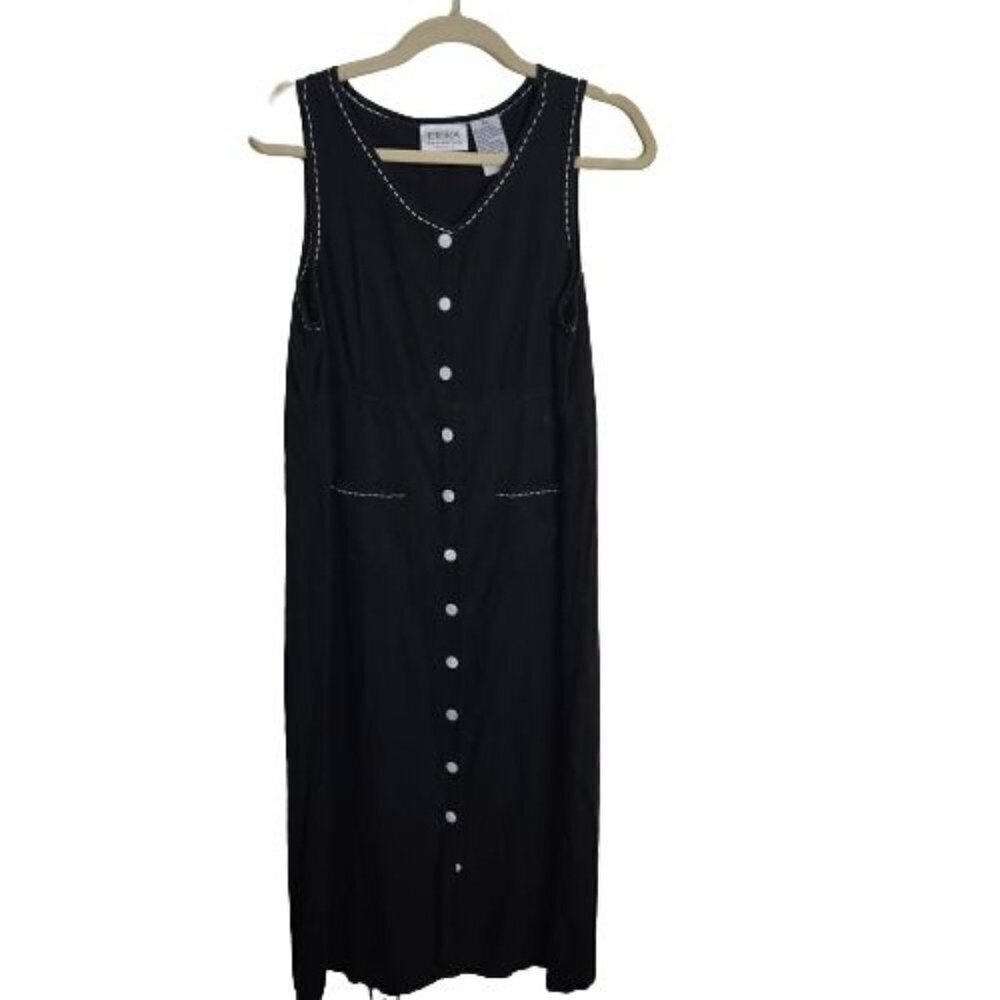 Erika Black Sleeveless Linen Blend Midi Shirt Dress Size PM